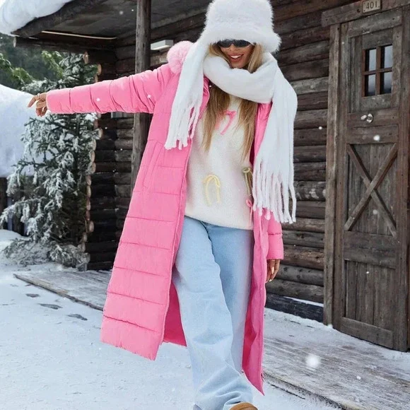 Pink Casual Women's Oversized Furry Collar Hooded Straight Thick Warm Down Coat - Picture 3 of 5